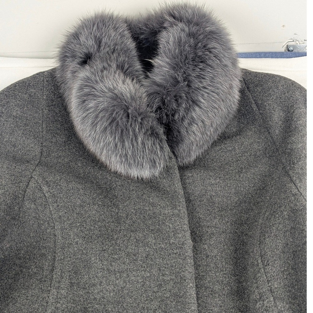 Albert Nipon Womens 10 Wool Fox Fur Trim Coat Charcoal Grey Longline 891697L - Picture 7 of 15